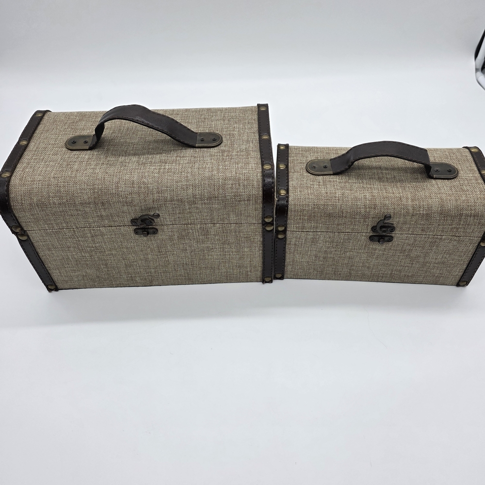 Set of 2 Vintage-Style Decorative Storage Trunks – Linen & Faux Leather Handles